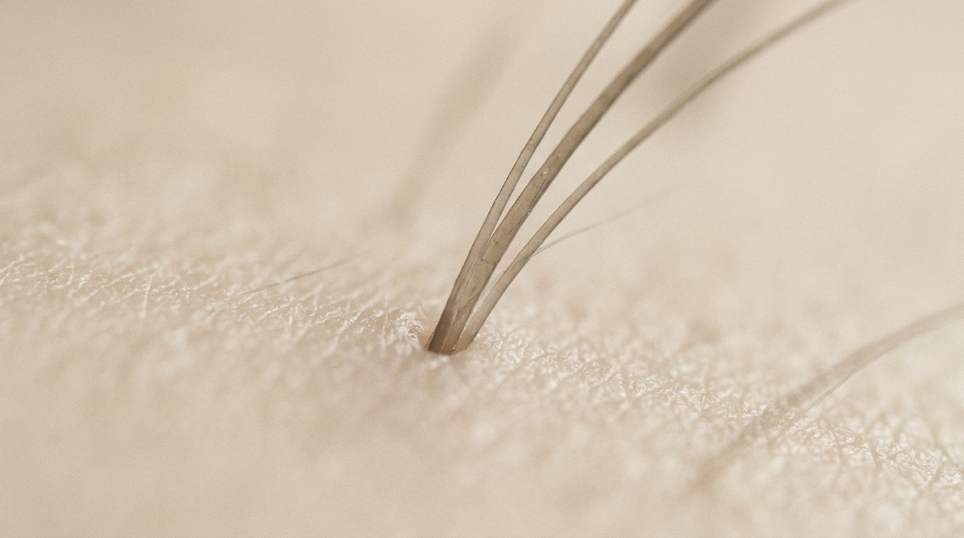 Editorial macro photograph of hair emerging from the scalp