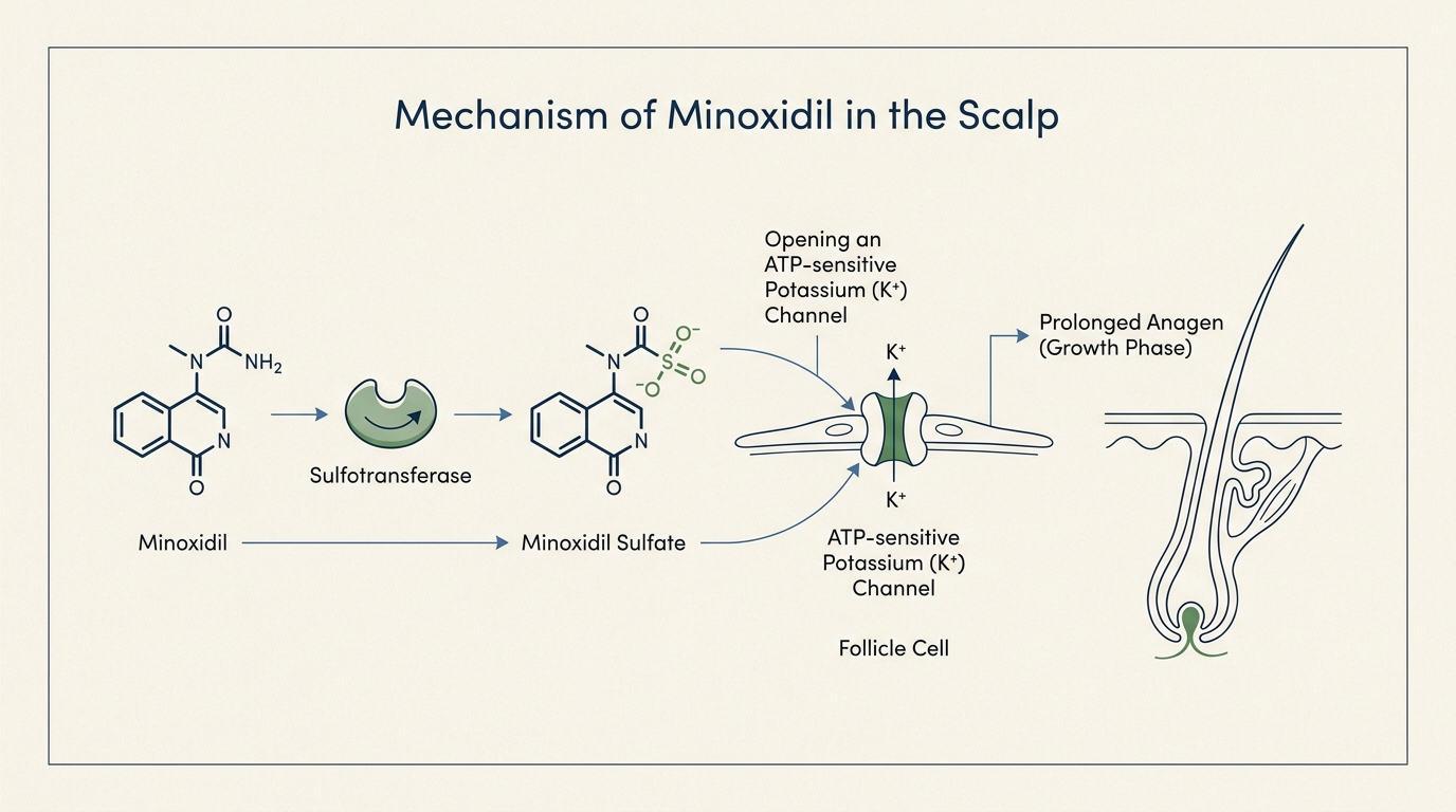 Mechanism of minoxidil: converted by sulfotransferase to minoxidil sulfate, opening ATP-sensitive potassium channels and prolonging anagen